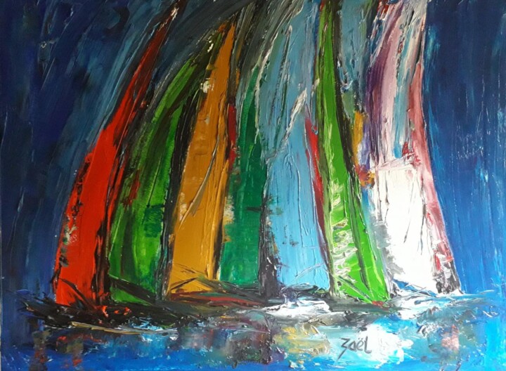 제목이 "REGATES A OUISTREHAM"인 미술작품 Zaël로, 원작, 기름 나무 들것 프레임에 장착됨