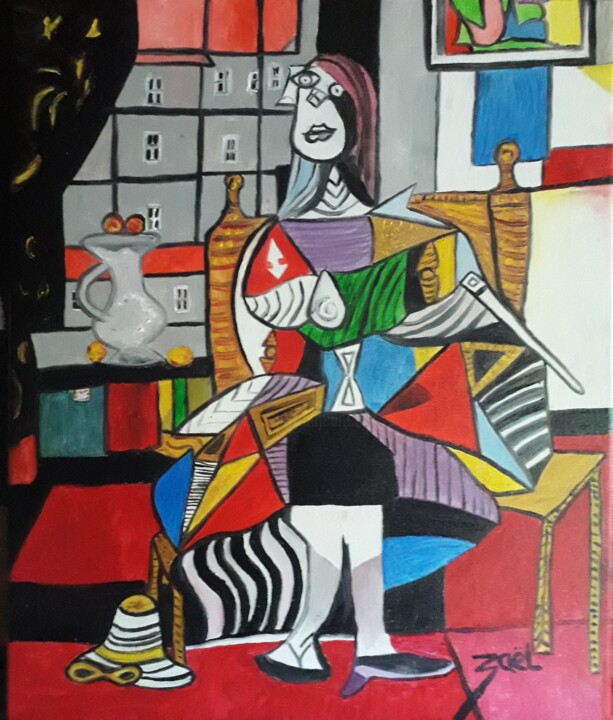 Pintura titulada "PERSONNAGE AU CHAPE…" por Zaël, Obra de arte original, Oleo Montado en Bastidor de camilla de madera