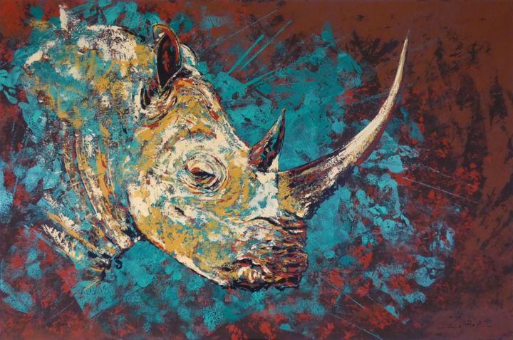 Peinture intitulée "Rhinocéros" par Elsa Ducourret (Zaelle), Œuvre d'art originale, Acrylique Monté sur Châssis en bois