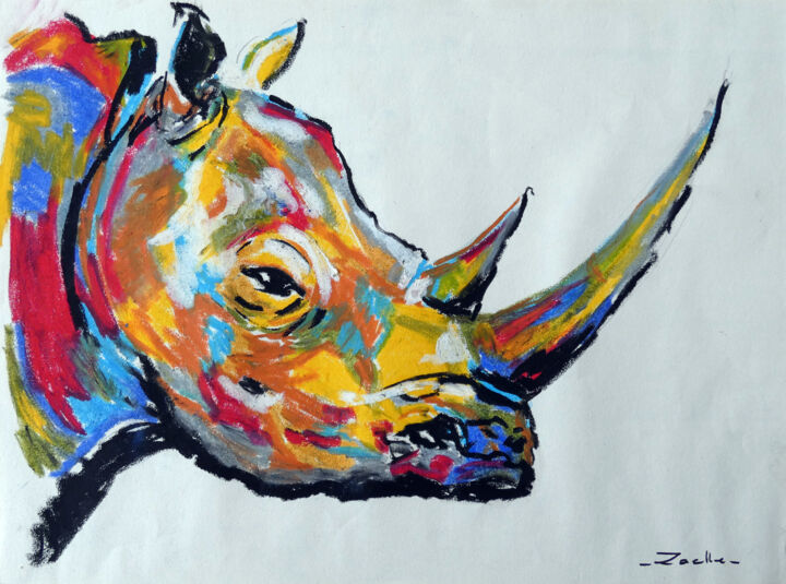 Peinture intitulée "Esquisse de Rhinocé…" par Elsa Ducourret (Zaelle), Œuvre d'art originale, Pastel