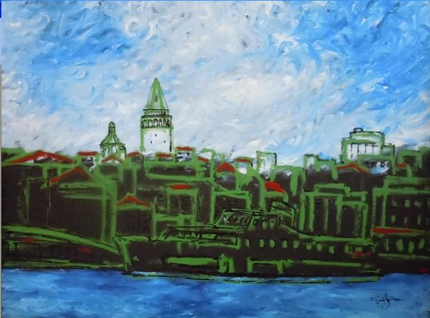 Malerei mit dem Titel "istanbul-karakoy" von Zafer Caglarca, Original-Kunstwerk, Öl