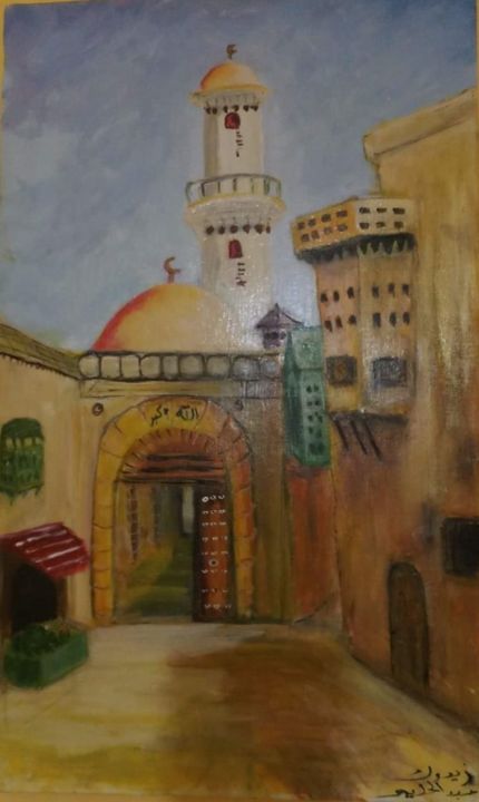 Peinture intitulée "Ruelle de la mosquée" par Abdelhalim Zidouk, Œuvre d'art originale, Huile