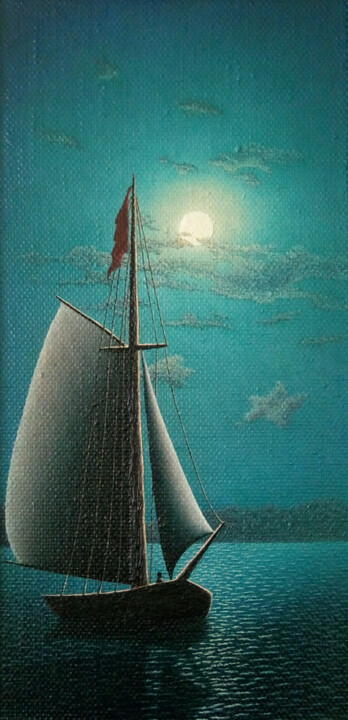 Painting titled "Moon night" by Zakhar Dadaian, Original Artwork, Oil Mounted on Wood Stretcher frame