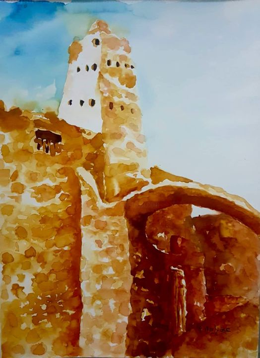 Painting titled "monument" by Imed Zammouri, Original Artwork, Watercolor Mounted on Wood Stretcher frame