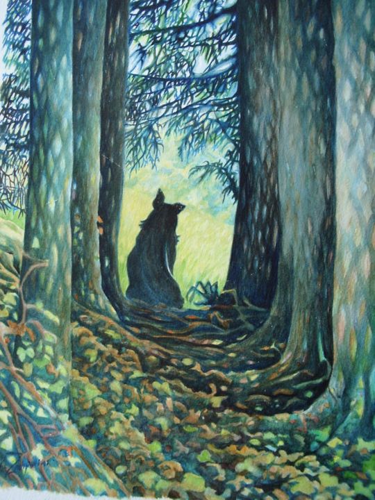 Peinture intitulée "Le loup dans la for…" par Zampo, Œuvre d'art originale, Aquarelle