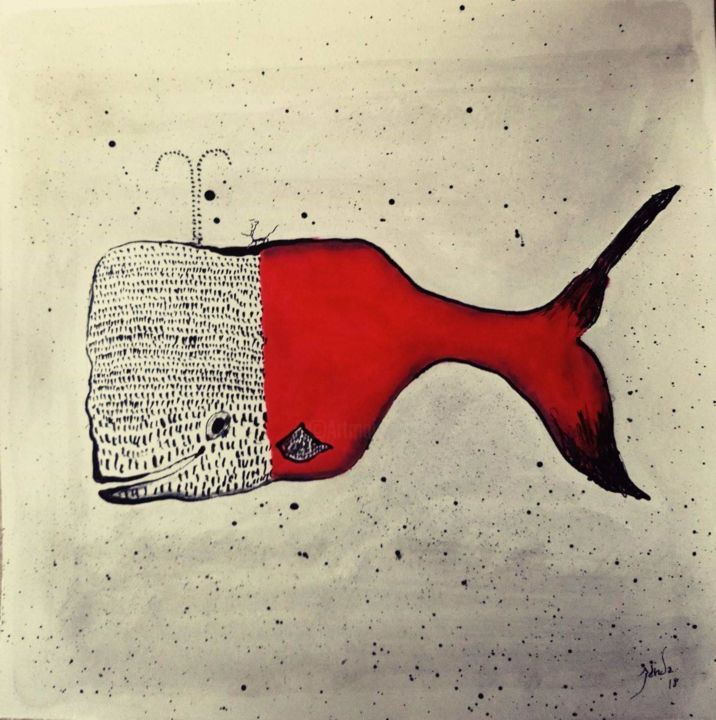 Dessin intitulée "Ma baleine" par Zanda, Œuvre d'art originale, Encre