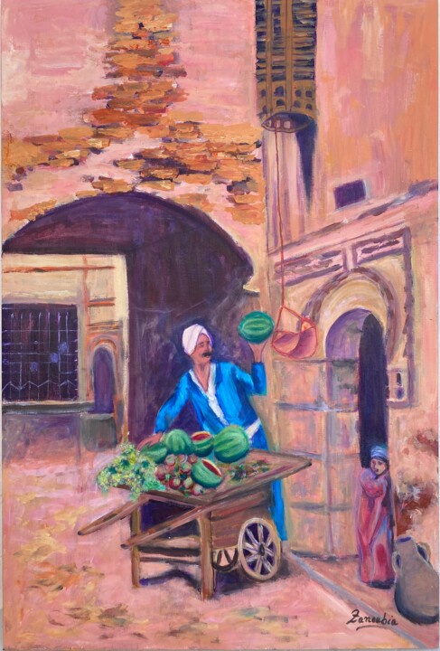 Peinture intitulée "vendeur ambulant" par Zanoubia, Œuvre d'art originale, Acrylique Monté sur Châssis en bois
