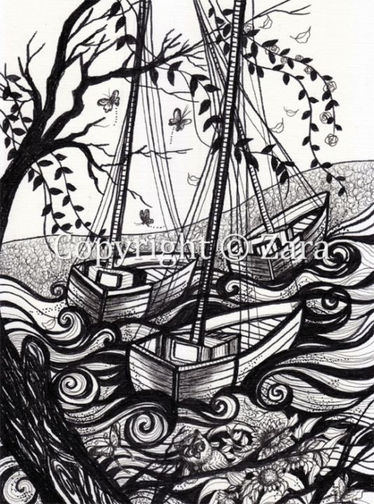 Рисунок под названием "Boat" - Zara, Подлинное произведение искусства, Другой