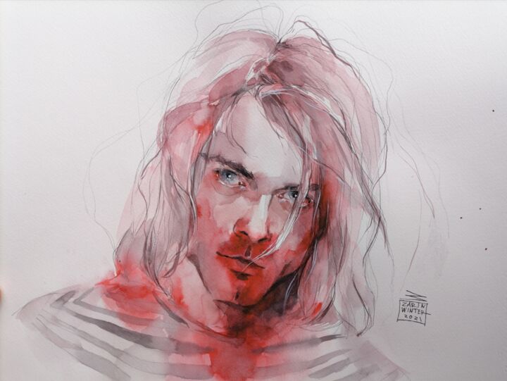 Painting titled "Kurt Cobain" by Zarina Dyganova (Zarin Winter), Original Artwork, Watercolor