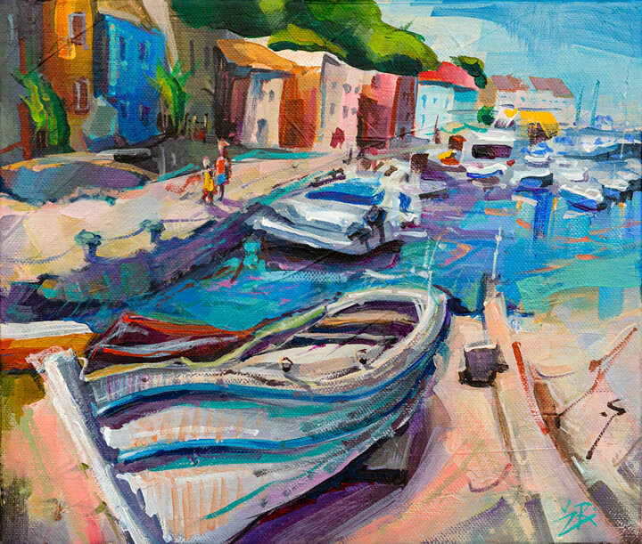 Painting titled "In the harbour" by Zarko Radovanovic, Original Artwork, Acrylic Mounted on Wood Stretcher frame
