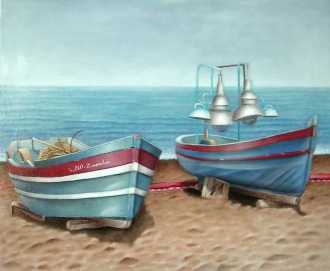 Peinture intitulée "les barques de peche" par Abdeslam Zarouala, Œuvre d'art originale