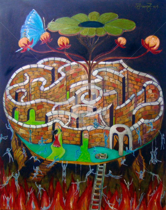 Schilderij getiteld "Mundos paralelos" door Zarzas, Origineel Kunstwerk, Olie Gemonteerd op Frame voor houten brancard