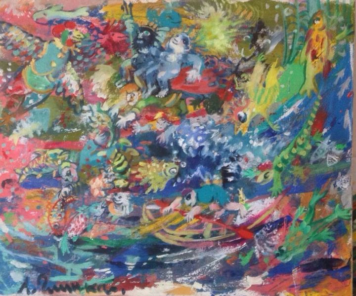 Pittura intitolato "Poseidon Day.Праздн…" da Lyudmila Glinshchikova, Opera d'arte originale, Olio Montato su Telaio per bare…