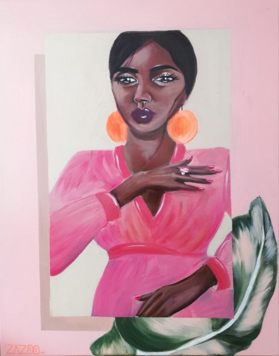 Peinture intitulée "Dame en robe rose" par Zazoo, Œuvre d'art originale, Acrylique