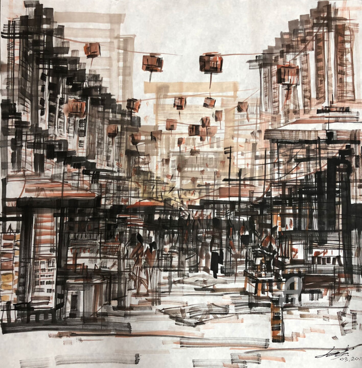 Dibujo titulada "Chinatown 牛车水" por Chunlei Zhang, Obra de arte original, Tinta Montado en Plexiglás