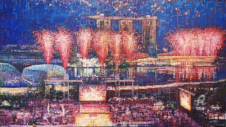 Painting titled "Light up Singapore…" by Chunlei Zhang, Original Art, Oil