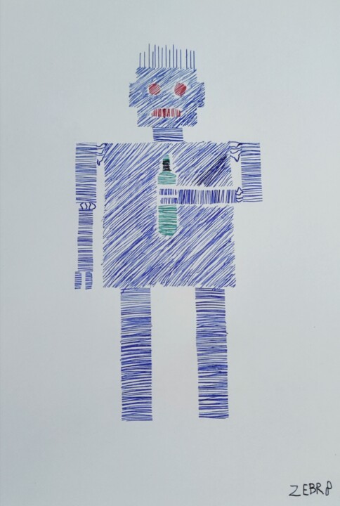 Disegno intitolato "Alcoholic Robot" da Zebr8, Opera d'arte originale, Biro