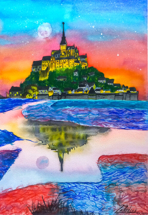 Pintura intitulada "Le Mont Saint-Miche…" por Zefi Link, Obras de arte originais, Aquarela