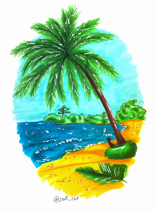 Drawing titled "Calm Island vacatio…" by Zefi Link, Original Artwork, Marker