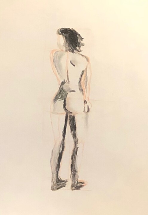 Dessin intitulée "Femme nue de dos" par Zelie Risselet, Œuvre d'art originale, Fusain