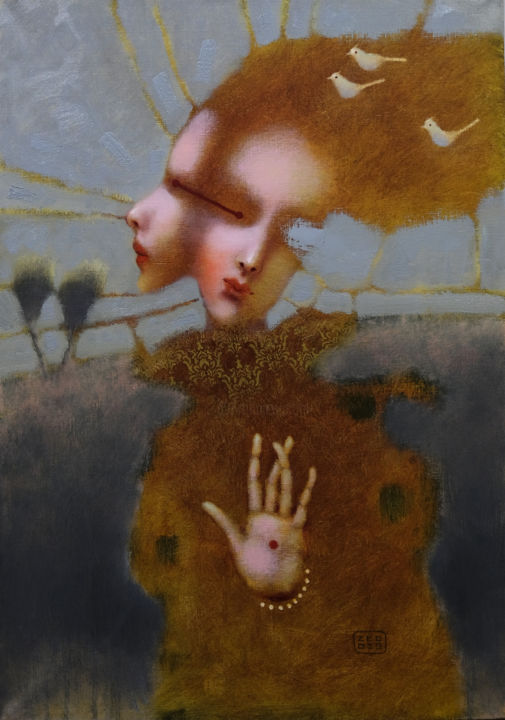 Peinture intitulée "Птицы в волосах" par Eduard Zentsik, Œuvre d'art originale, Huile