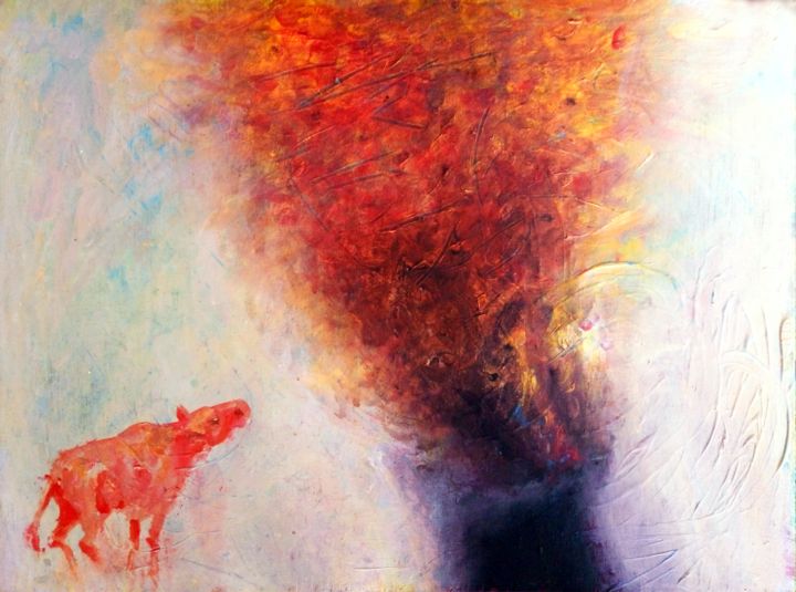 Painting titled ""The Red Cow Looks…" by Zenya Gorlik, Original Artwork, Acrylic