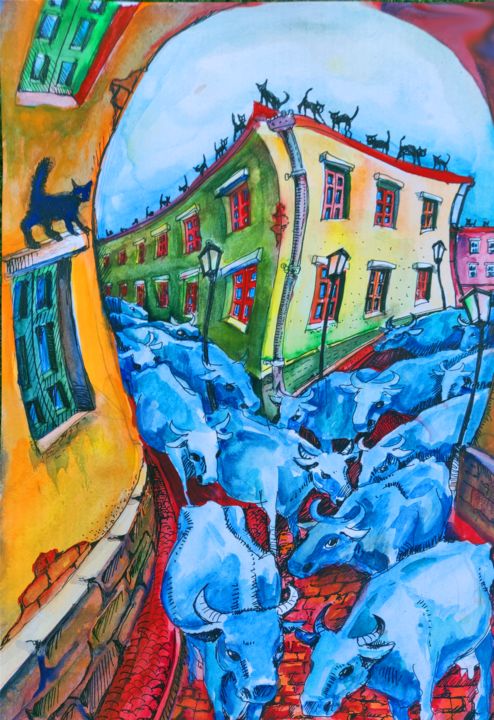 Drawing titled ""Black cats are sur…" by Zenya Gorlik, Original Artwork, Watercolor