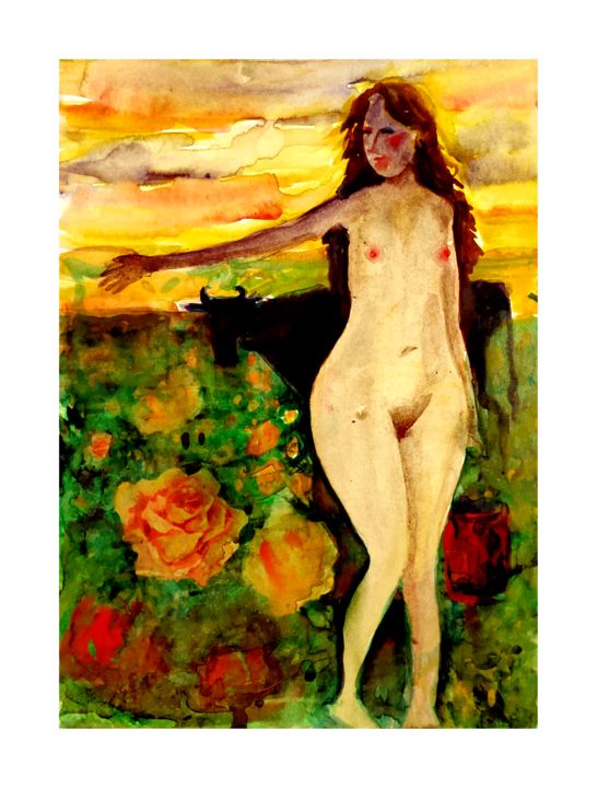 Painting titled "Sunrise Milking" by Zenya Gorlik, Original Artwork, Watercolor