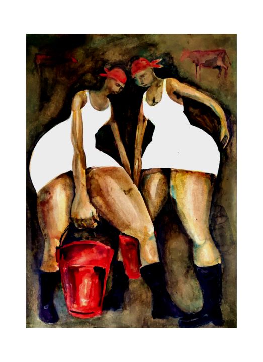 Painting titled ""Milkmaids. Wedding…" by Zenya Gorlik, Original Artwork, Watercolor