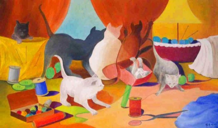 Peinture intitulée "Chats coquins" par Monique Amiot, Œuvre d'art originale, Huile