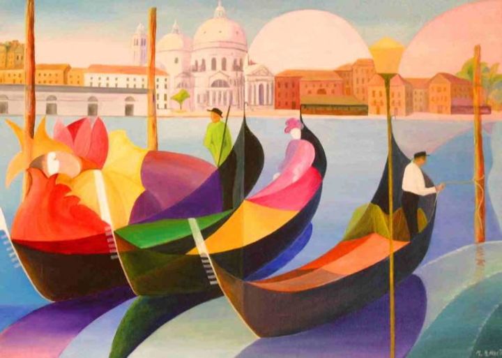 Peinture intitulée "Les gondoliers (Ven…" par Monique Amiot, Œuvre d'art originale, Huile