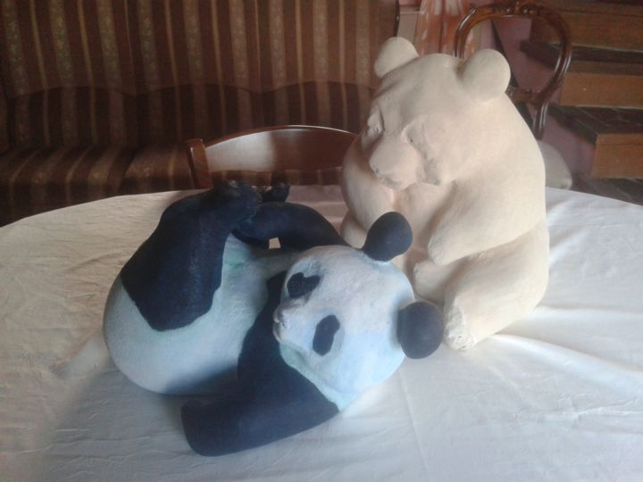 Sculpture titled "Panda One & two" by Zerkco, Original Artwork, Terra cotta