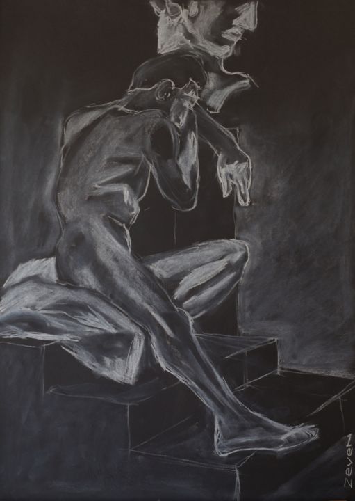 Disegno intitolato "nudo seduto su scala" da Zeven, Opera d'arte originale, Altro