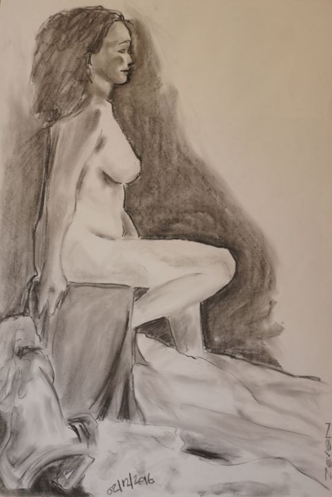 Rysunek zatytułowany „nudo seduto su drap…” autorstwa Zeven, Oryginalna praca, Węgiel drzewny
