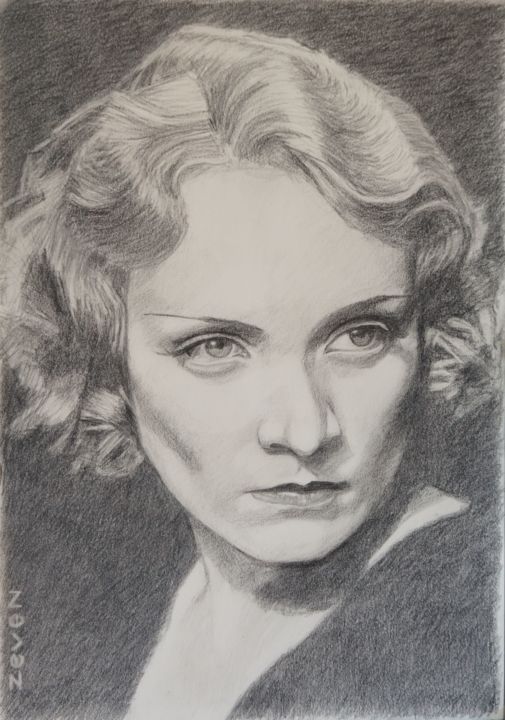 Dibujo titulada "Marlene Dietrich" por Zeven, Obra de arte original, Grafito