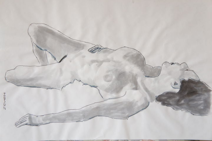 Drawing titled "nudo di donna supino" by Zeven, Original Artwork, Ink