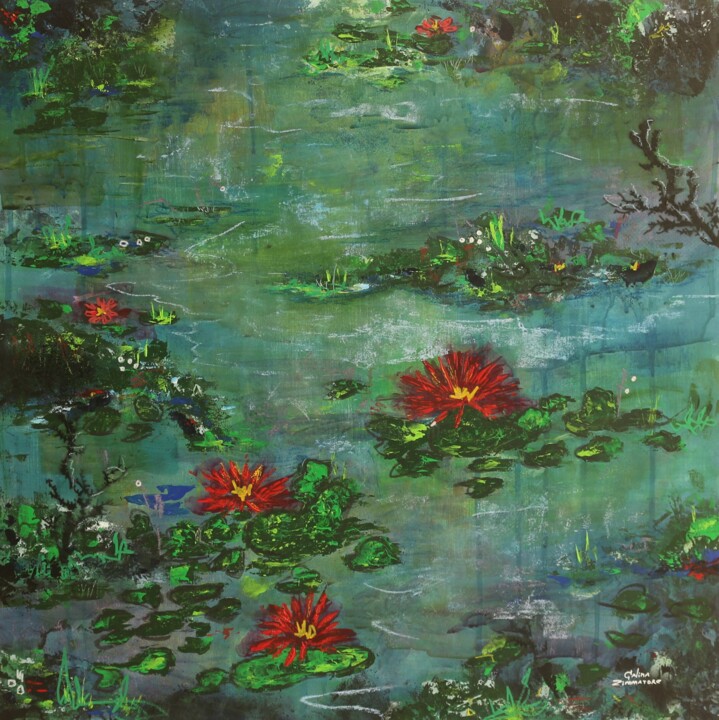 Painting titled "Water Lillies in th…" by Galina Zimmatore, Original Artwork, Acrylic Mounted on Wood Panel