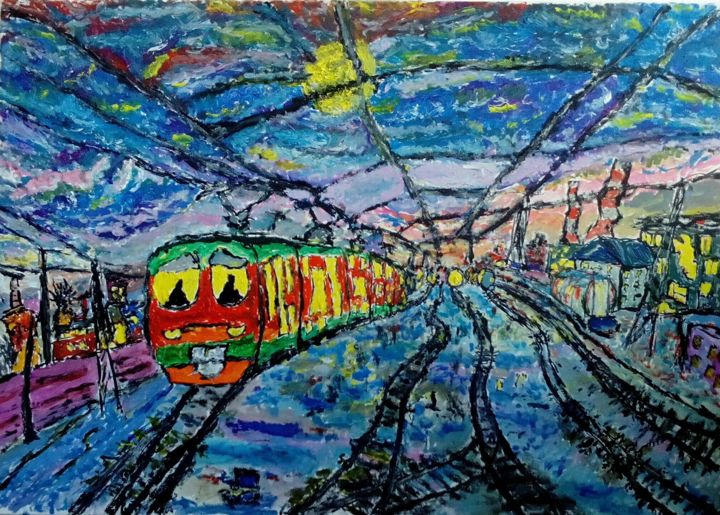 Картина под названием "Непоследний поезд" - Жабий Зрак, Подлинное произведение искусства, Акрил