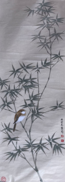 Pittura intitolato "Bamboo and Bird" da Huizhen Zhang Zhang Hui Zhen, Opera d'arte originale, pigmenti