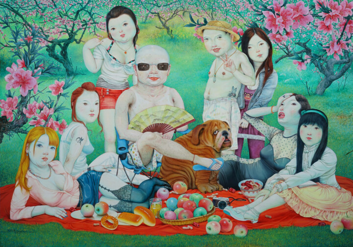 Peinture intitulée "春暖桃花朵朵香" par Zhang Kai Xi, Œuvre d'art originale, Huile Monté sur Châssis en bois