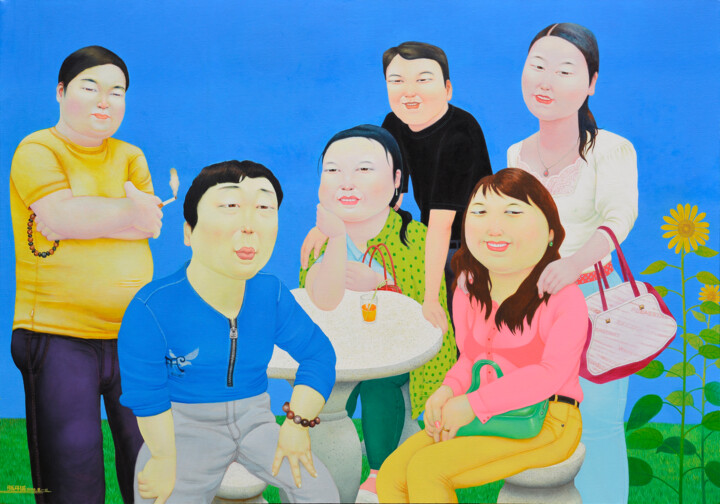 Peinture intitulée "天蓝草绿春天到" par Zhang Kai Xi, Œuvre d'art originale, Huile Monté sur Châssis en bois