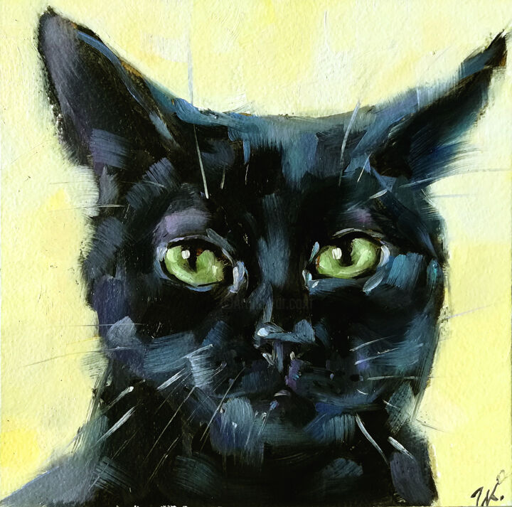 Картина под названием "Black Cat Painting…" - Zhanna Kan, Подлинное произведение искусства, Масло