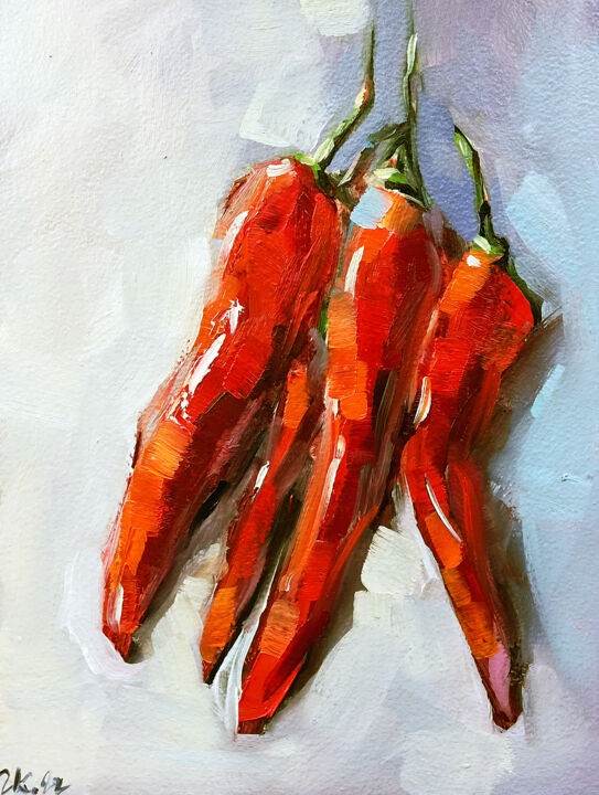 Painting titled "Red Peppers Paintin…" by Zhanna Kan, Original Artwork, Oil