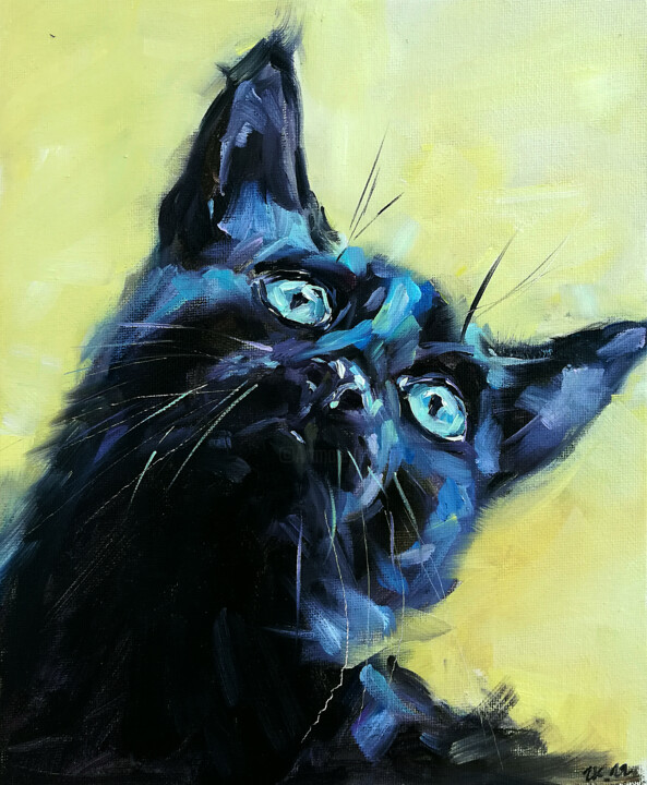 Ζωγραφική με τίτλο "Black Cat Painting…" από Zhanna Kan, Αυθεντικά έργα τέχνης, Λάδι
