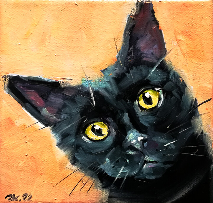 Malerei mit dem Titel "Black Cat Portrait,…" von Zhanna Kan, Original-Kunstwerk, Öl