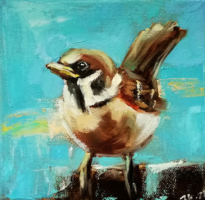 Painting titled "Sparrow Bird Painti…" by Zhanna Kan, Original Artwork, Oil