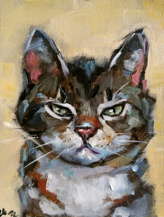 Malarstwo zatytułowany „Tabby Cat Painting…” autorstwa Zhanna Kan, Oryginalna praca, Olej