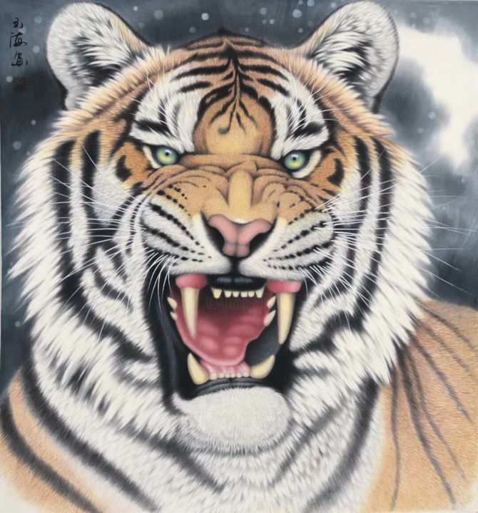 Pittura intitolato "Tiger Head No.1" da Yuhai Zhao Zhao Yu Hai, Opera d'arte originale, Olio