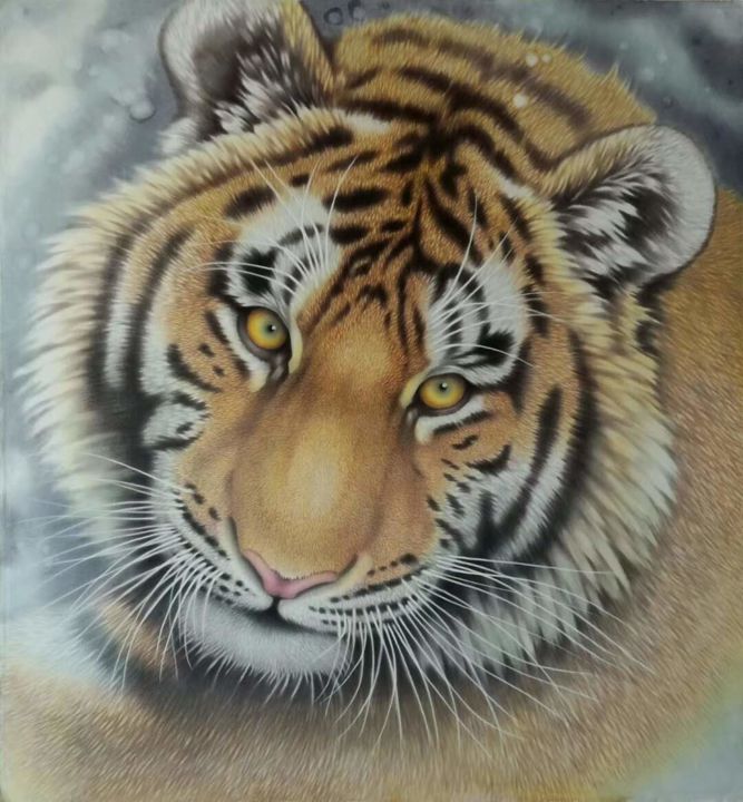 Painting titled "Tiger Head No.21" by Yuhai Zhao Zhao Yu Hai, Original Artwork, Pigments