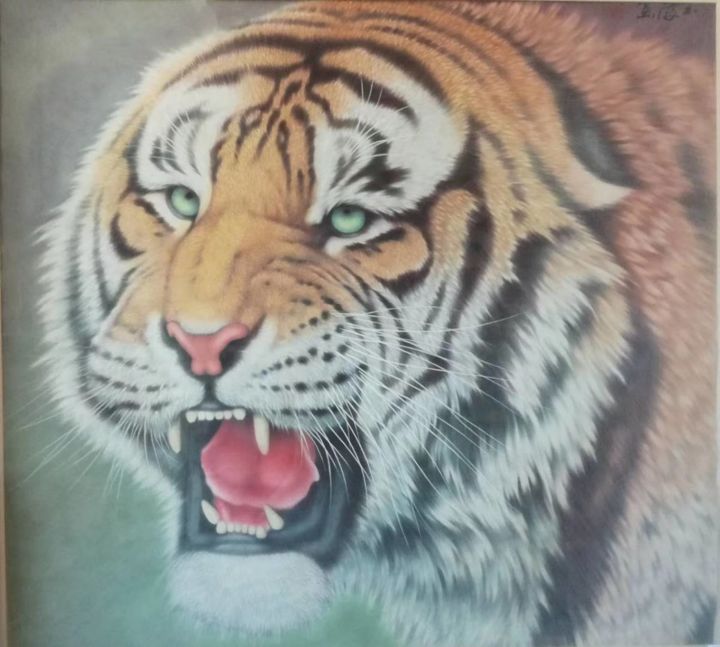 Painting titled "Tiger Head No.4" by Yuhai Zhao Zhao Yu Hai, Original Artwork, Pigments